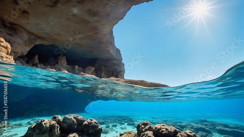 Sunlit Underwater Cave with Crystal Cave Formation