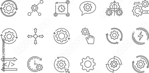 Vector art of a set of linear gear icons representing various processes, settings, and technological mechanisms, isolated on white background