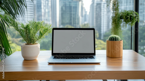 Wallpaper Mural Modern workspace featuring laptop wooden desk, surrounded by potted plants and city skyline view Torontodigital.ca