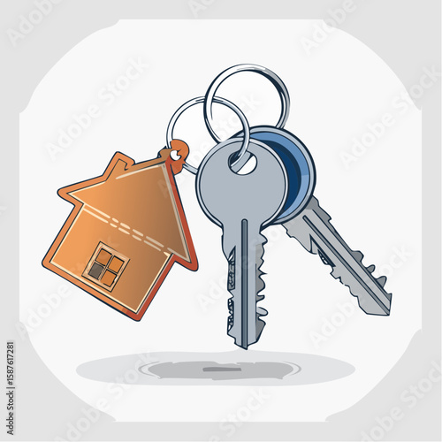 Clean line sketch of a keychain holding a single key with cut grooves and flat head.