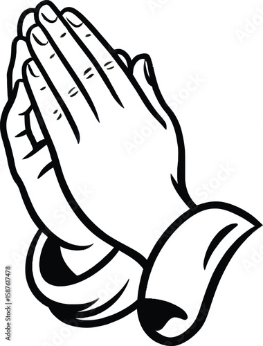 Illustration of two hands clasped together in a praying gesture with a cuff on the wrists drawn in black