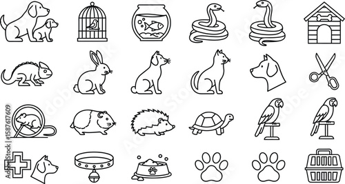 Vector art of a collection of pet and animal icons isolated on white background, perfect for illustrating veterinary services, pet care products, and animalrelated content