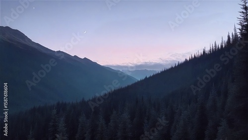 Crescent Moon Over Twilight Mountain Valley