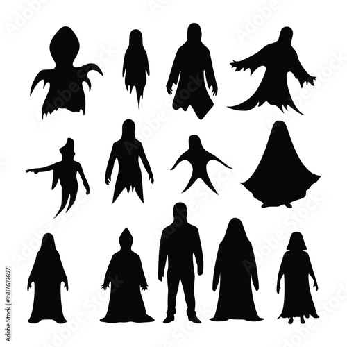 Black Ghost Silhouettes Vector Set Spooky Halloween Hooded Figures Isolated Mysterious Cloaked Characters Collection