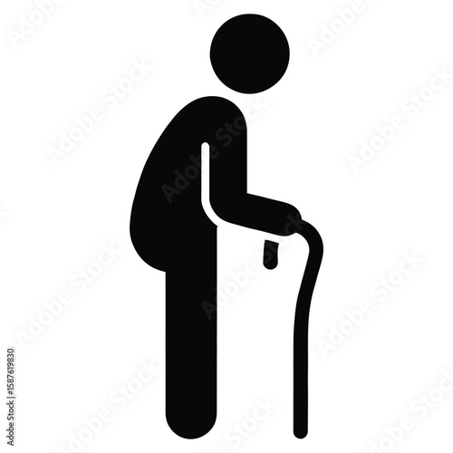 Minimalist black silhouette icon of an elderly person with a walking stick, representing aging, mobility, and senior support.