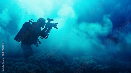 Wallpaper Mural Silhouette of a diver with a camera exploring a vibrant coral reef Torontodigital.ca