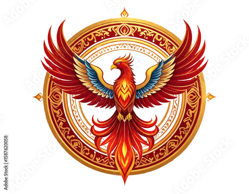 Illustration of a phoenix with red and gold plumage inside a decorative golden circle frame design