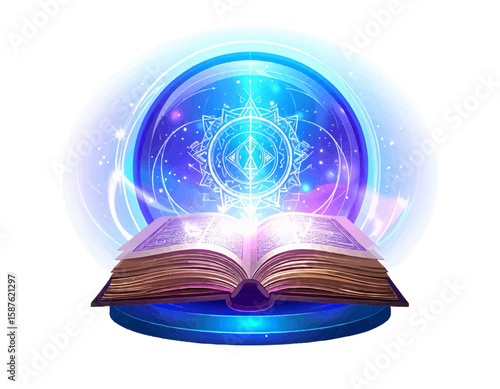 Open book emitting light with a blue orb and mandala design in the background on a blue platform