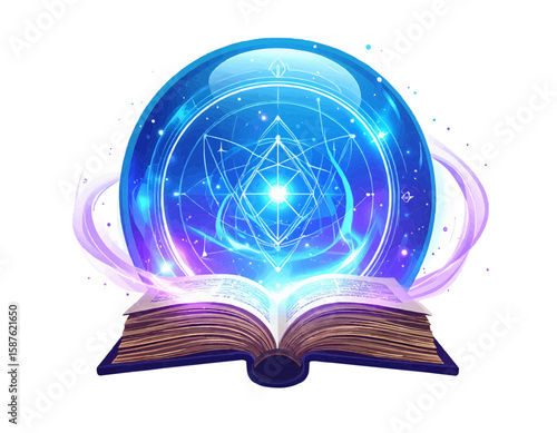 Open book with glowing pages and a blue orb with geometric design floating above it on a white background