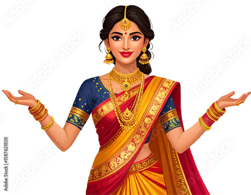 Illustration of a woman in traditional indian attire with jewelry and outstretched arms smiling softly