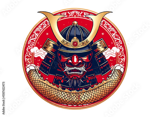 Illustration of a samurai warrior helmet with a red mask and golden dragon details inside a circle