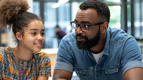 Adult Man and Girl Engaged in Conversation in Bright Indoor Setting