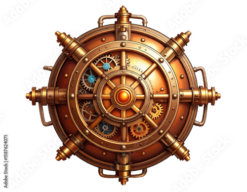 Illustration of a steampunk style vault door with visible gears and intricate metalwork details shown