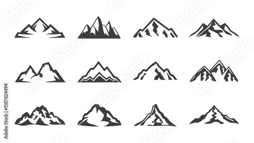 Twelve stylized mountain range icons; dark gray silhouettes on black background; minimalist, graphic design.