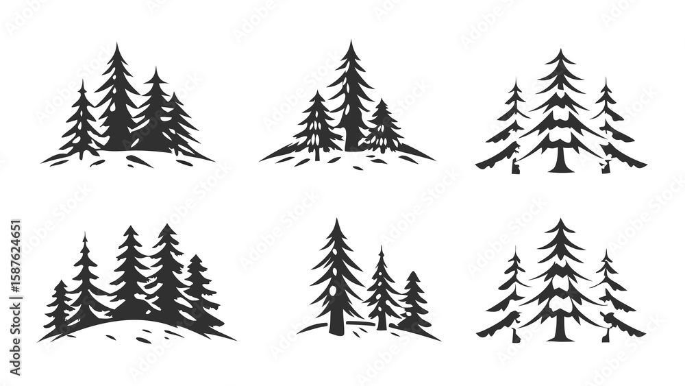Obraz premium Six Hand-Drawn Evergreen Tree Silhouettes: Dark, Rustic, Nature Collection