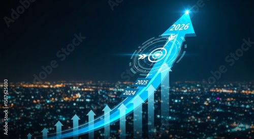 A glowing arrow points upward, symbolizing business growth and financial success over a cityscape