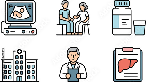 World Hepatitis Day line art icon set with ultrasound doctor hospital liver report and medicine elements