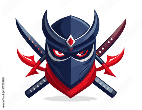 Illustration of a ninja warrior with crossed swords and red eyes wearing a mask and headpiece design style