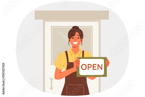 Woman waiter shows inscription open standing near door of restaurant and inviting to become visitor. Hospitable girl waiter or owner of own small business in catering industry, dressed in apron
