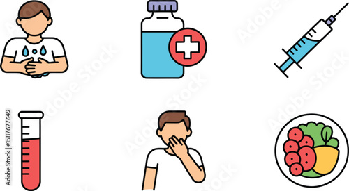 This World Hepatitis Day icon set features hepatitis symptoms, vaccine, syringe, test tube, nausea, and healthy food, ideal for awareness and prevention in healthcare and educational materials.