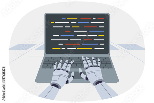 Hands of robot programmer typing code into laptop thanks to development of artificial intelligence. Chat bot with artificial intelligence works in user support and answers frequently asked questions