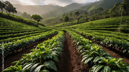 Wide-angle shot of highland coffee plantation under misty morning light. Rows of trees stretch far with green foliage and brown soil. Peaceful tropical agriculture.
