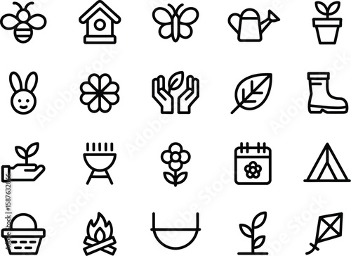 Spring Summer Icons Set Nature, Camping, Gardening Line Art