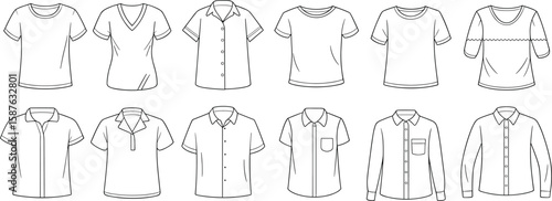 Women's fashion top technical sketches, stylish shirt and blouse vector set, front view CAD drawing for apparel design reference