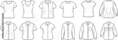 T-shirt and blouse fashion flat sketch collection, women's apparel CAD drawings, vector top designs for fashion design templates, illustration