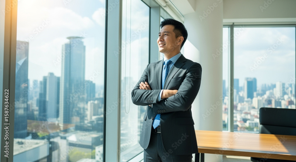 Fototapeta premium Confident Asian businessman dressed in formal suit looks out panoramic window with smile.