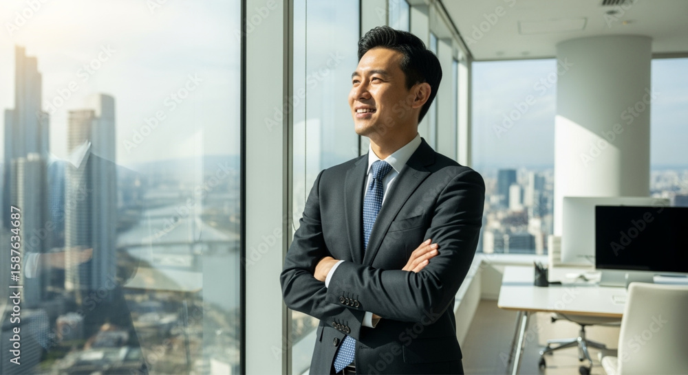 Fototapeta premium Confident Asian businessman dressed in formal suit looks out panoramic window with smile.