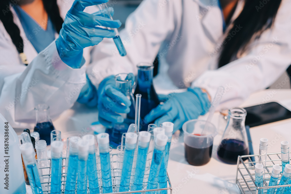 Fototapeta premium Modern Empty Science Laboratory With Microscopes, Test Tubes And Other Laboratory Equipments