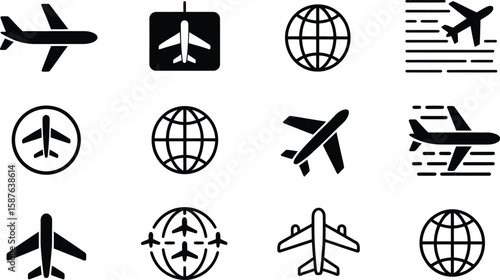 Various airplane and globe icons represent travel, aviation, and international destinations.
