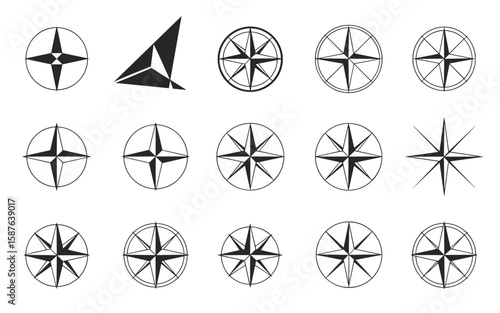 Compass Rose Icon Set – Silhouettes of Navigational Stars and Directional Symbols