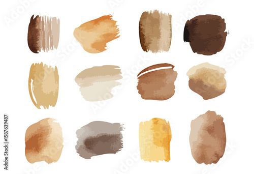 Watercolor paint brush strokes brown and beige color pallette, isolated illustration