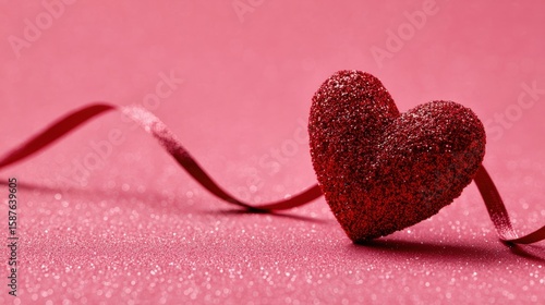 Glittery red heart with ribbon on a sparkling pink background, symbolizing love and romance.
