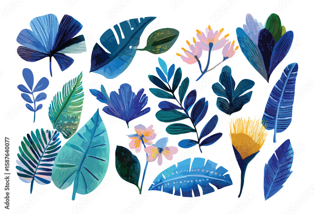 Fototapeta premium Tropical leaves and flowers collection, isolated watercolor illustration