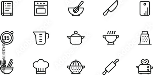 Cooking icons collection features kitchenware, utensils, and appliances in a simple line style.