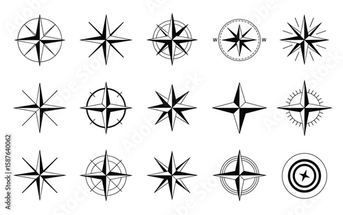 Compass Rose Icon Set – Silhouettes of Navigational Stars and Directional Symbols