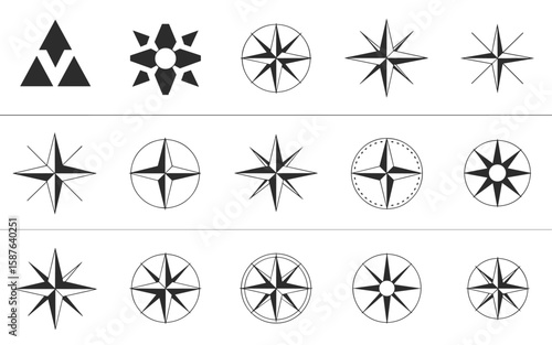 Compass Rose Icon Set – Silhouettes of Navigational Stars and Directional Symbols