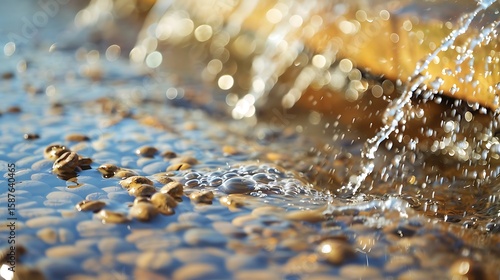 Close up of coffee beans being washed by sparkling water in soft light