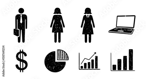 Biz sketch icon team growth set. Hand drawn data plan,chart sketch element for startup money and woman. Business chalk chart,laptop and idea concept vector