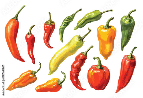 Red hot chili peppers set, isolated watercolor illustration