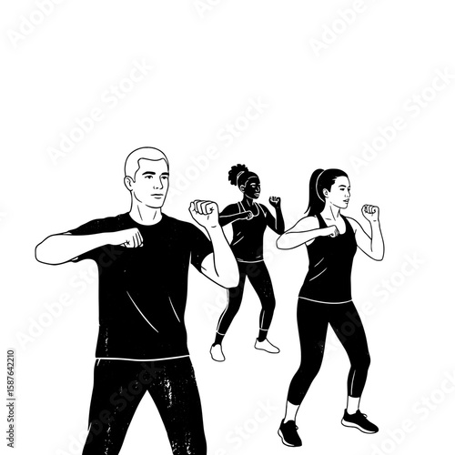 Exercise class sketch. Active group practices punching, stands in line. Fitness workout, monochrome illustration.