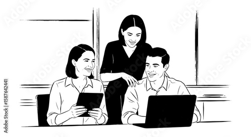 People team sketch with tablet, laptop, and hand gesture. Business group discussing work with digital tools. Line art illustration.