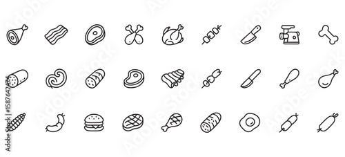 Premium Meat Product Line Icons Pack – Butchery, Poultry, and Processed Meat Icons for Food Industry & Restaurant Branding