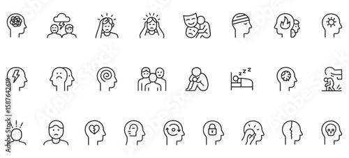 Line Icons for Mental Disorders – Unique Vector Illustrations Depicting Anxiety, Depression, PTSD, Bipolar, OCD, and Other Psychological Conditions