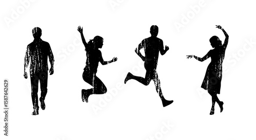 Textured silhouette action poses vector set. People walking, jumping, running, dancing in brush stroke grunge style. Abstract human figure silhouette set.
