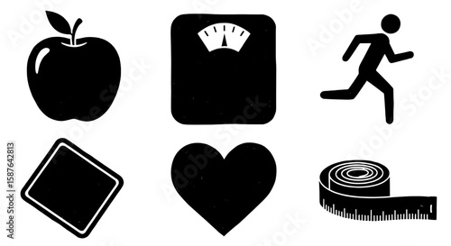 Health diet fitness icon set. Apple, scale, running figure, square, heart, and measuring tape symbols. Diet and wellness icons, simple.