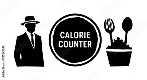 Calorie counter sketch logo set. Man in hat, circle, spoon. Food sketch illustration vector.